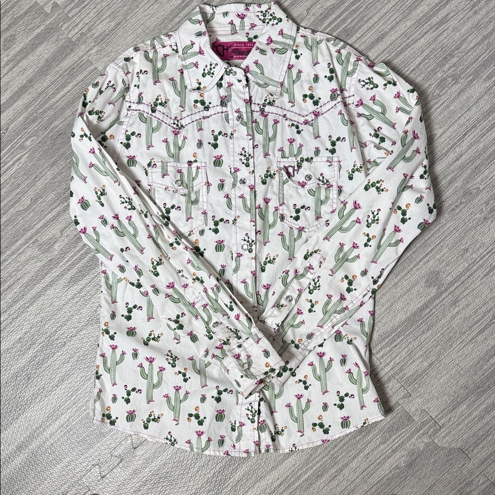 Cowgirl Hardware White and Green Cactus Print Western Shirt Size Large